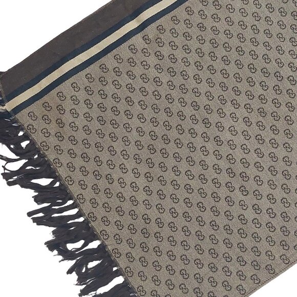 Gucci Vintage Brown & Tan Reversible Small GG Logo Print with Stripe Scarf - Picture 6 of 10